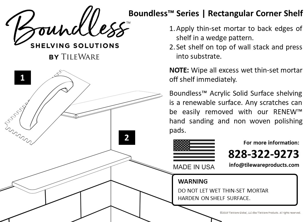 TileWare Boundless™ Series Rectangular Corner Shelf With Tee Hook
